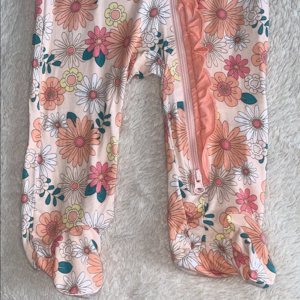 NWT Milkberry Orange Floral Footie Set 0-3M Bamboo w/ Headband - Picture 3 of 8